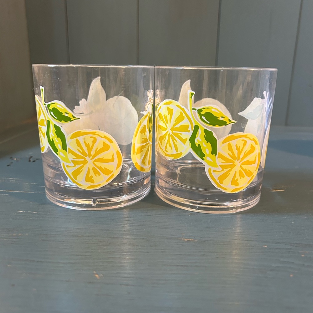 Clear Plastic Lemon Print Drinking Glass Tumblers (Set of 2)